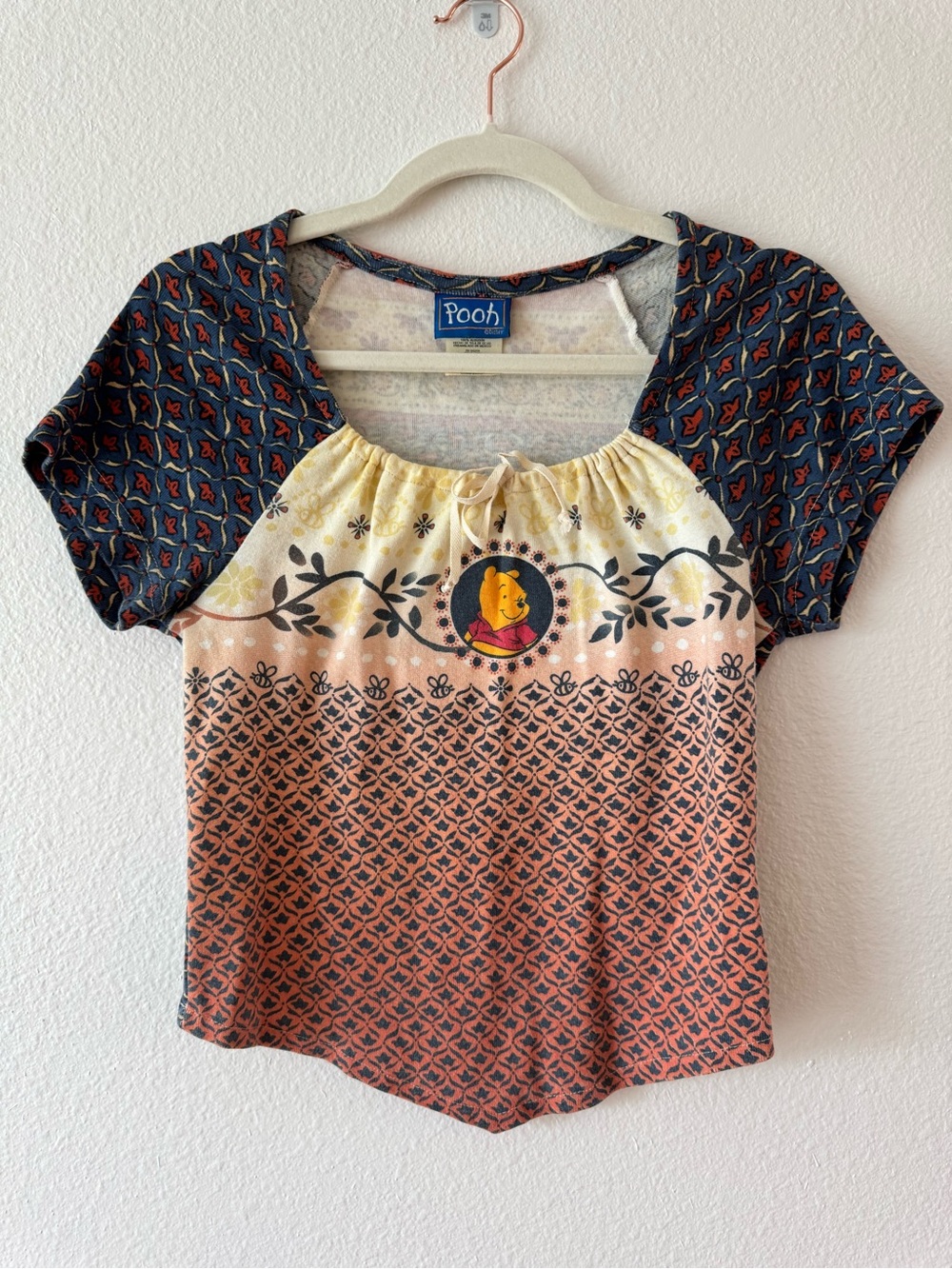 Vintage 90s/Y2K Winnie The Pooh Mixed Print Peasant Top - Fairy Grunge Cottageco